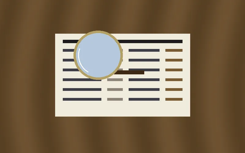 A hand holding a magnifying glass over a sports stats sheet on a wooden desk, soft warm indoor light.