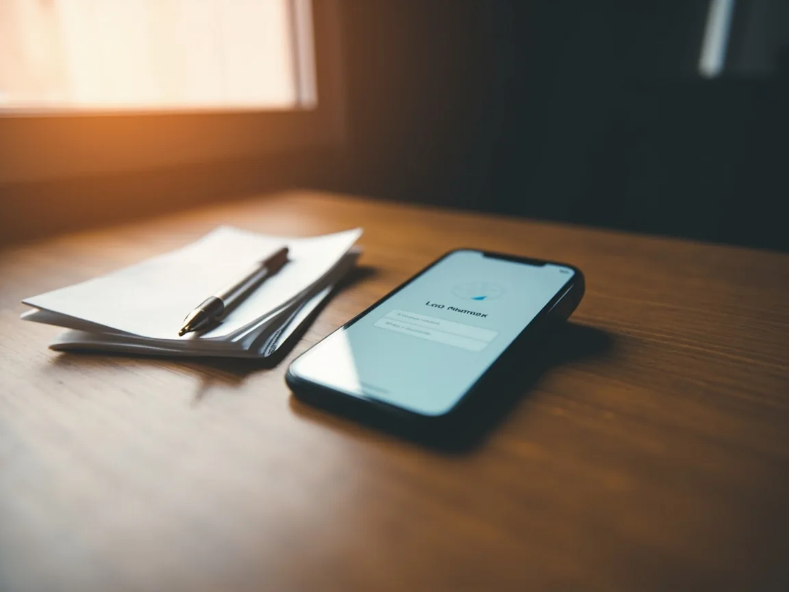 A smartphone showing a fantasy sports app login screen on a wooden desk with a small notepad and pen.