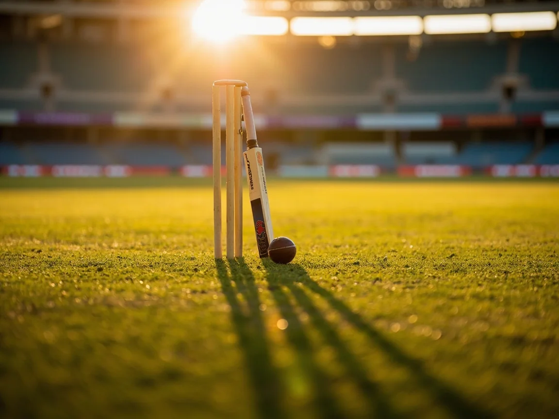 A cricket stadium at golden hour with long shadows on the pitch.