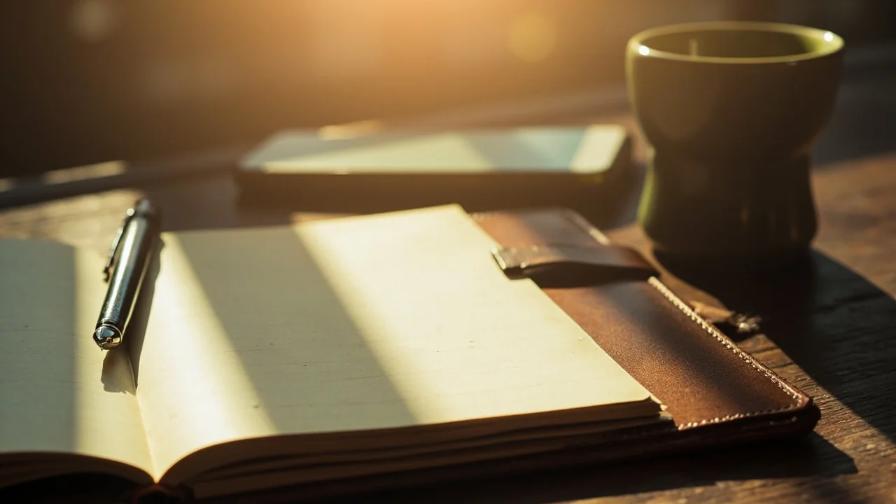 An open notebook and a phone on a wooden desk with a cup of coffee in morning light.