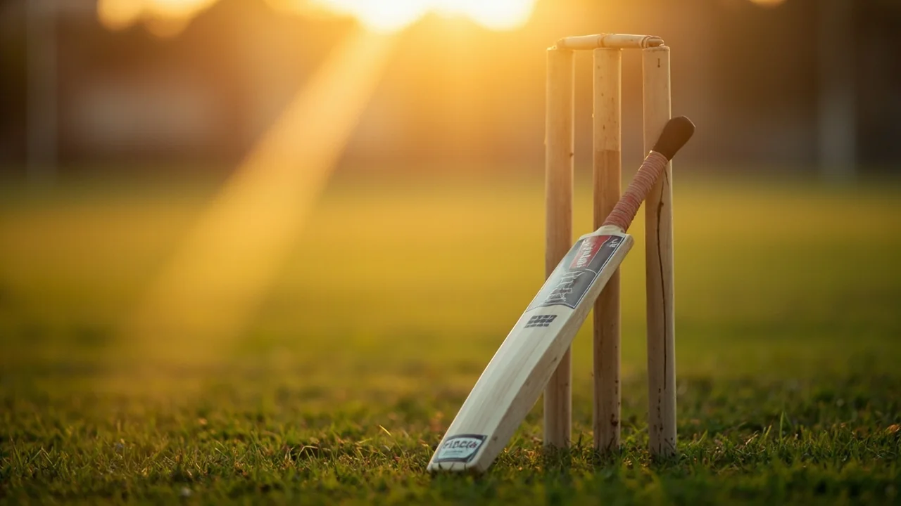 A cricket bat resting against stumps at a practice net in golden hour light.