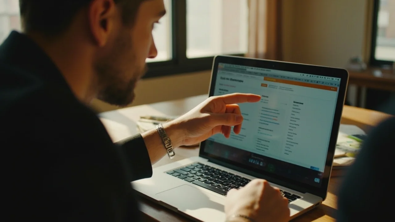 A person helping another person point at a laptop screen in a warmly lit co-working space, candid editorial moment.