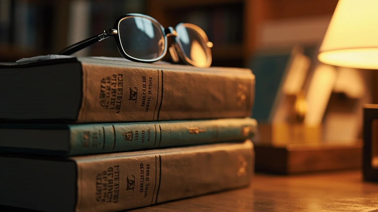 A stack of sports rulebooks on a wooden desk with reading glasses.