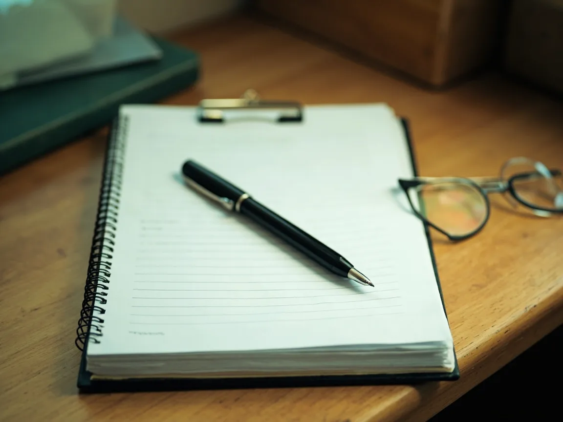 Clipped printed documents, an open notebook, a fountain pen and reading glasses on an oak desk.