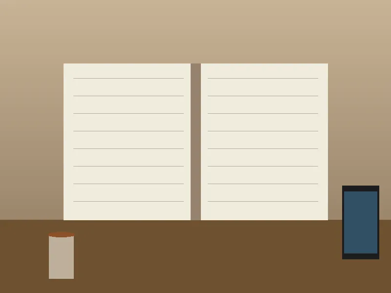 An open notebook and a phone on a wooden desk with a cup of coffee in soft morning light, gentle warm tones.