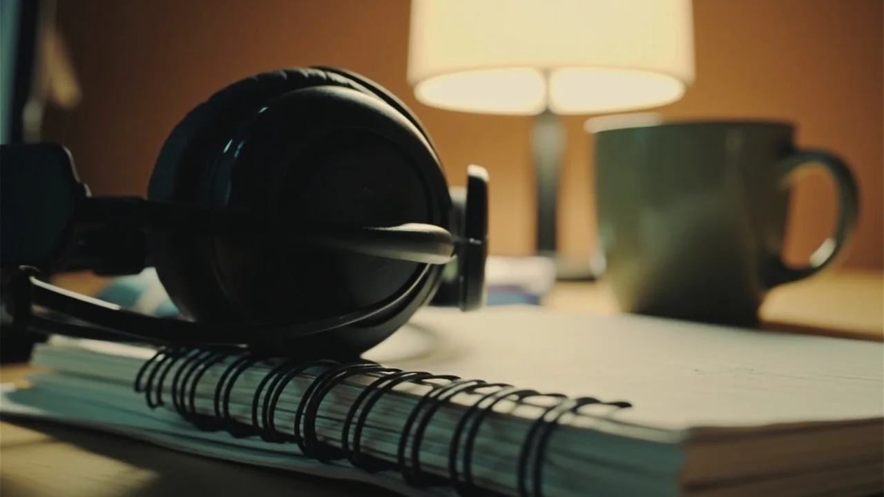 A headset resting on a notebook next to a coffee mug in warm soft indoor light.